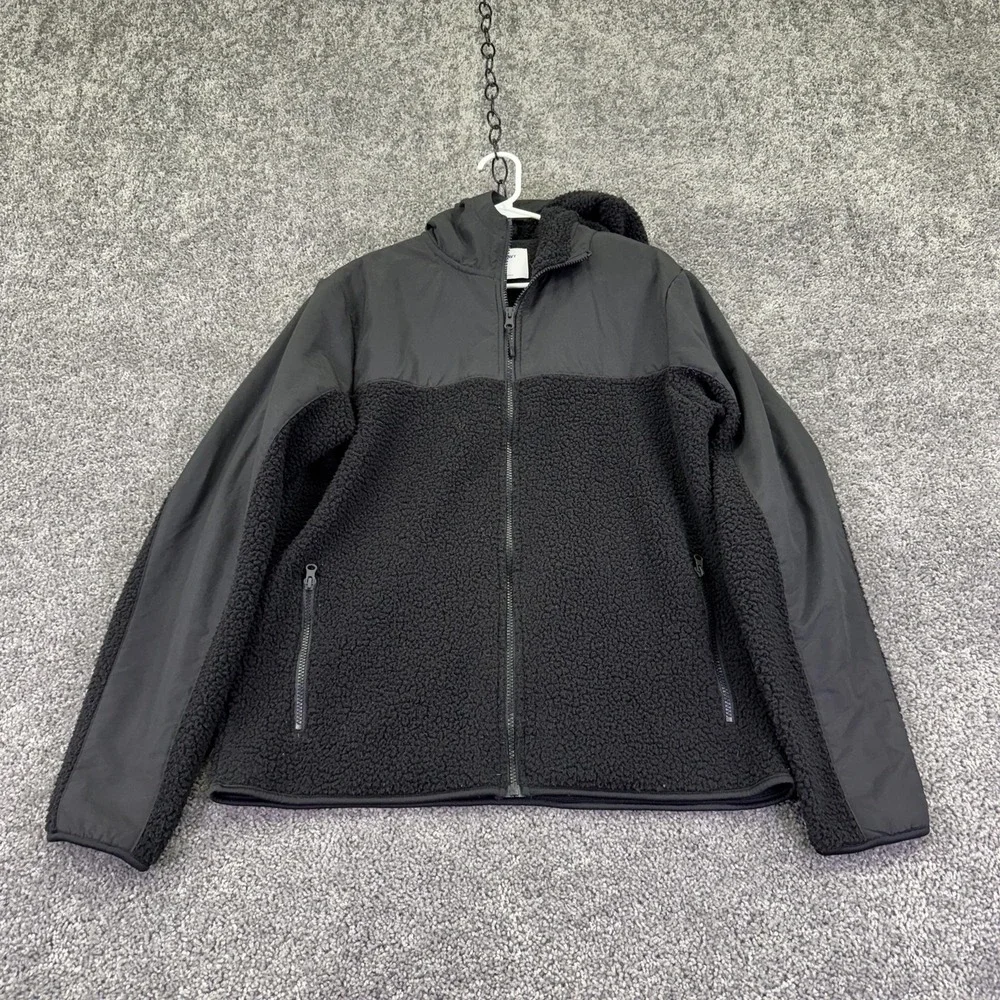 Old Navy Jacket Mens Medium Black Hooded Sherpa Fleece Full Zip Outdoor Casual